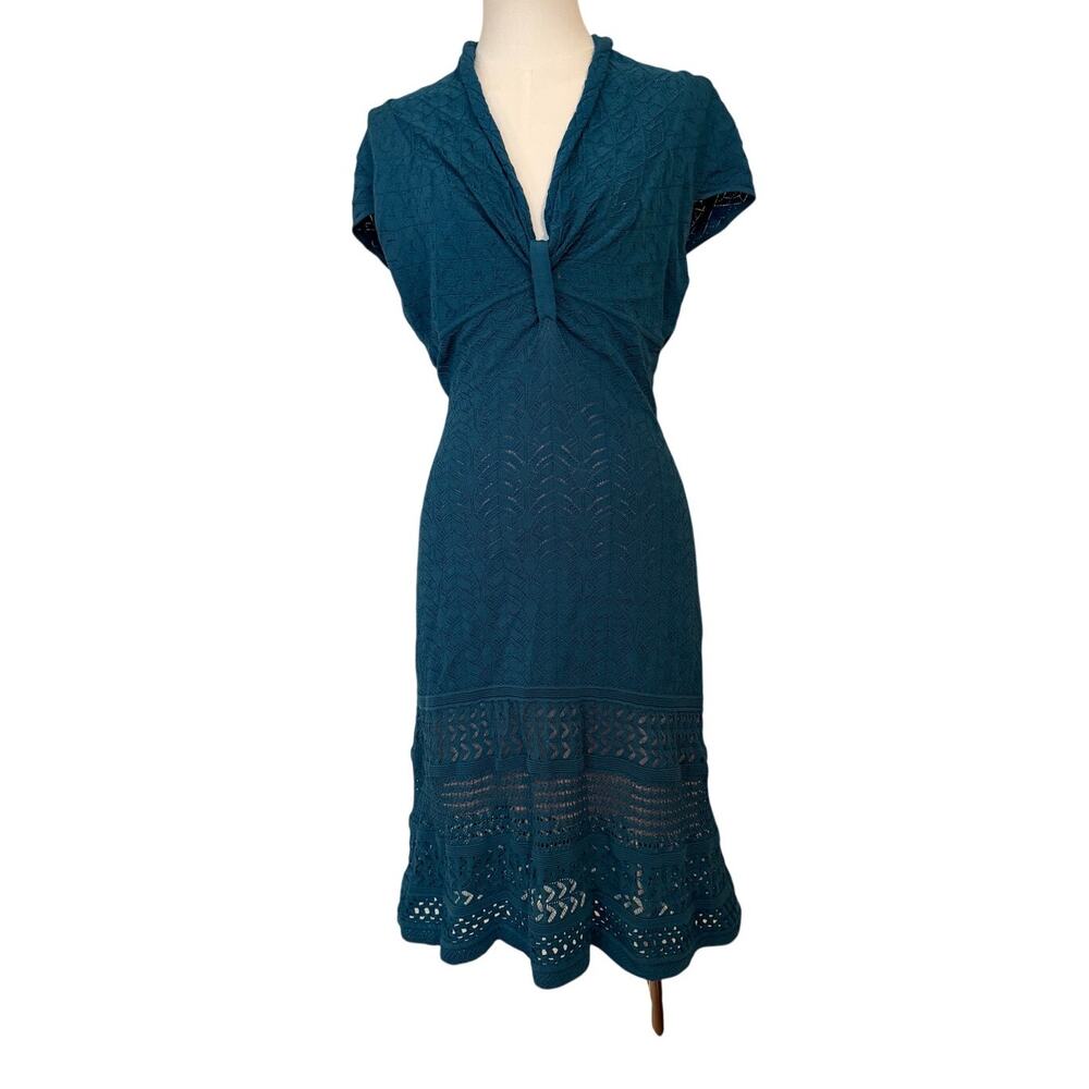 Catherine Malendrino Teal Knit V-Neck Cap-Sleeve Beige-Lining Dress - Medium